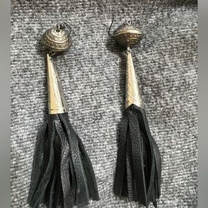 Unique black leather tassel earrings